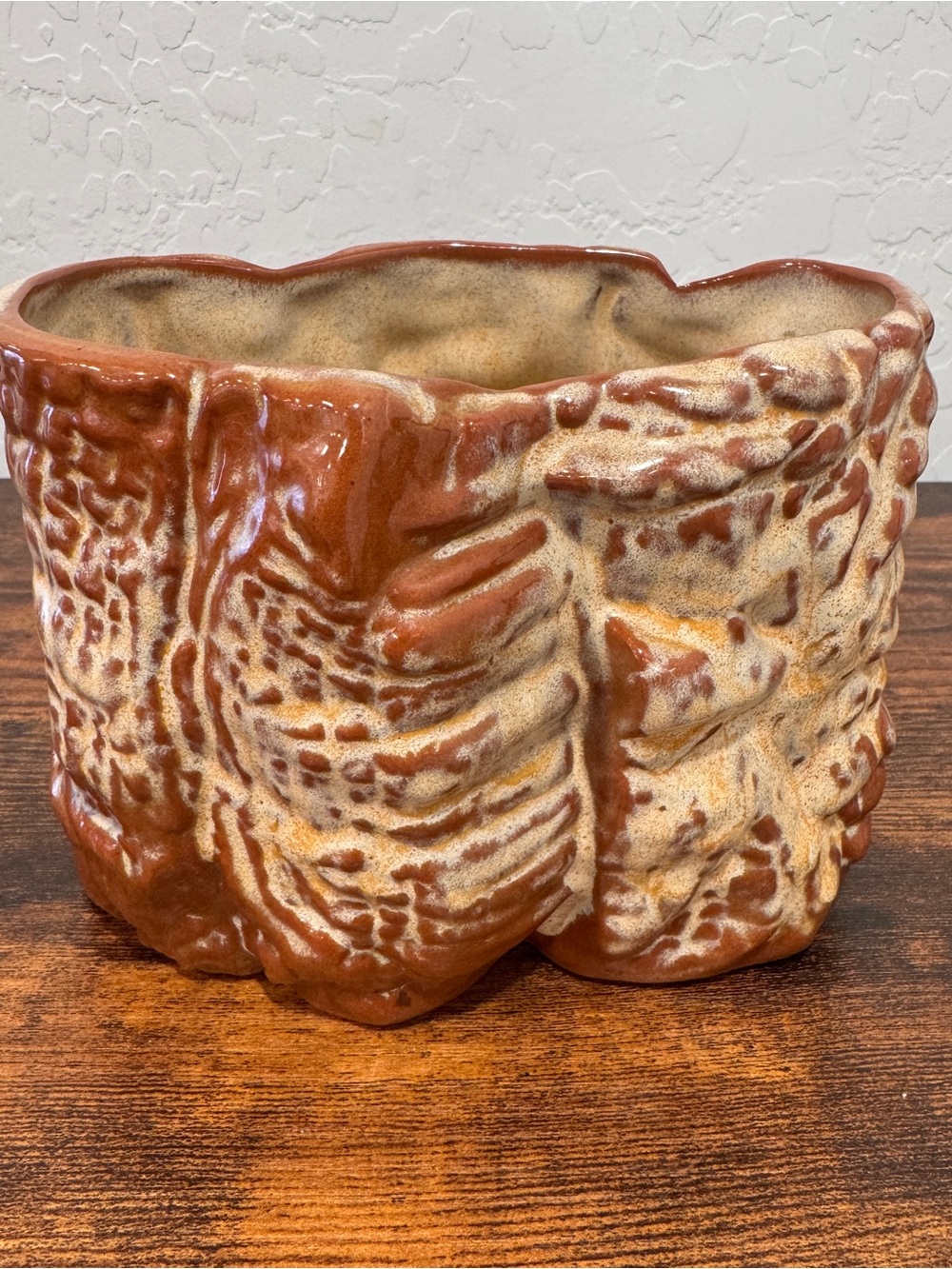 Frankoma Pottery Planter Ivory Tree Bark Vase Pot Vintage USA Brown Cream MCM